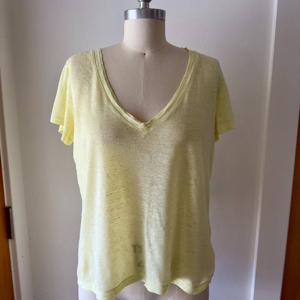 Current Elliott 100% Linen V-neckโ Slub Short Sleeve Relaxed Fit Tee-Citron-Sz 1